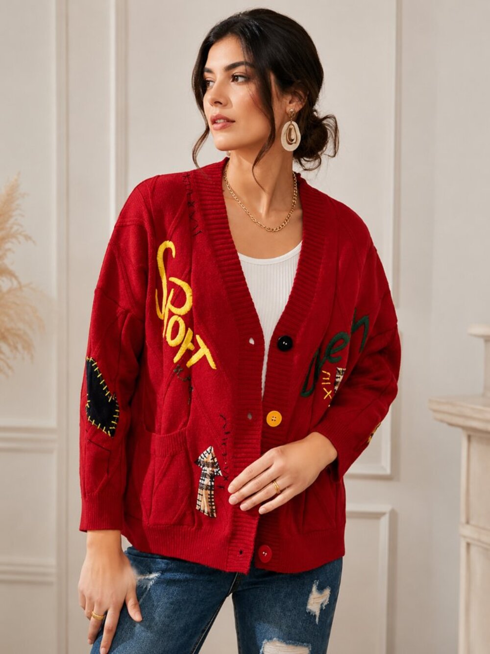 Red Oversized Knit Cardigan Graphic Button Up Cozy Casual Sweater Women